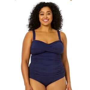 Anne Cole Navy Twist Front Bandeaukini Swim Top 22W NWT